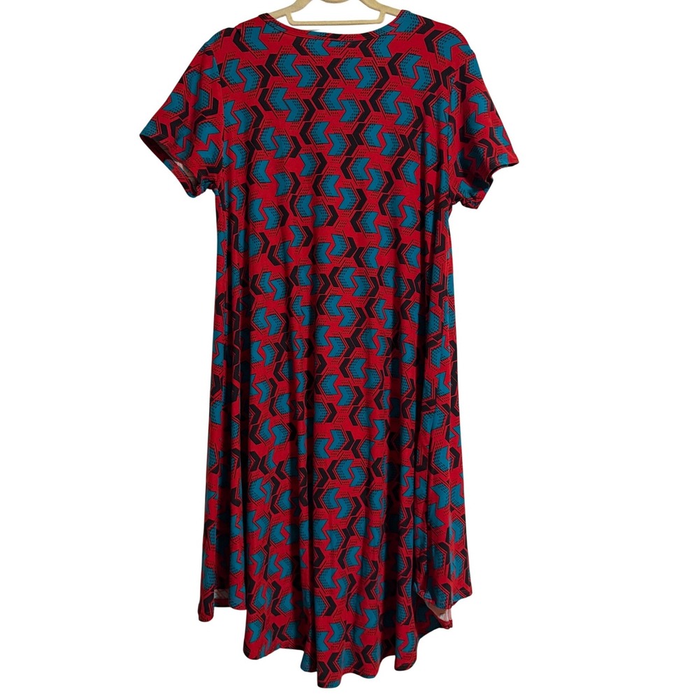 LuLaRoe Carly Dress‎ Womens Med Red Teal Geometric Chevron High Low Swing Dress - Picture 4 of 4